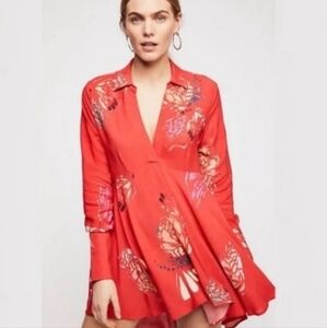Free People Field Of Butterflies Tunic Top Size M Fairycore Flowy Floral Red